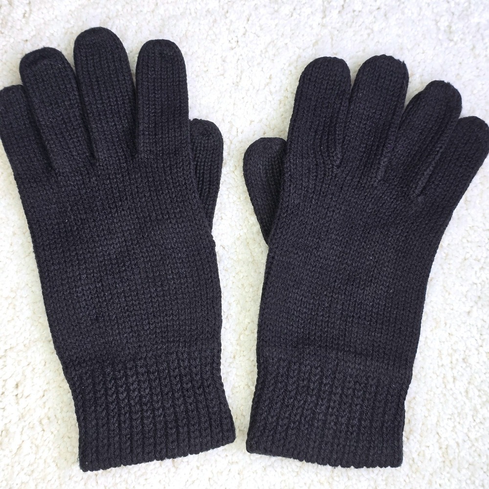 Vintage Womens Size OS Knit Gloves Black Solid Ribbed Cuff Warm Winter Classic